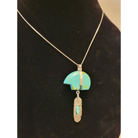 Sterling Silver 925 & Turquoise Bear Fetish Pendant Necklace W/ Dangling Feather - Picture 7 of 9